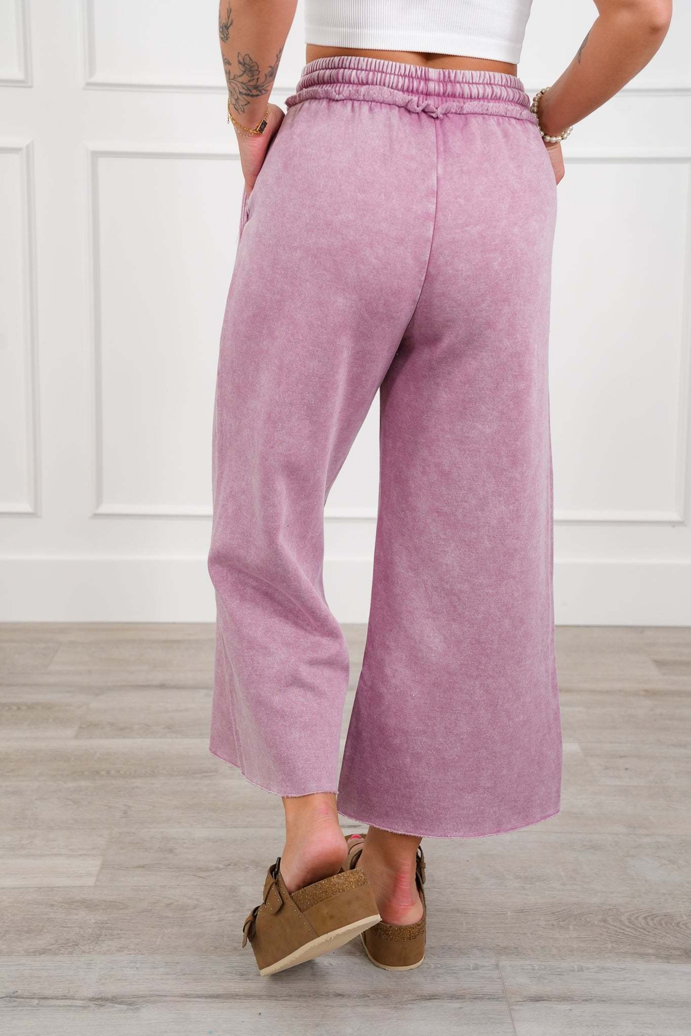 Acid Wash Fleece Palazzo Sweatpants with Pockets