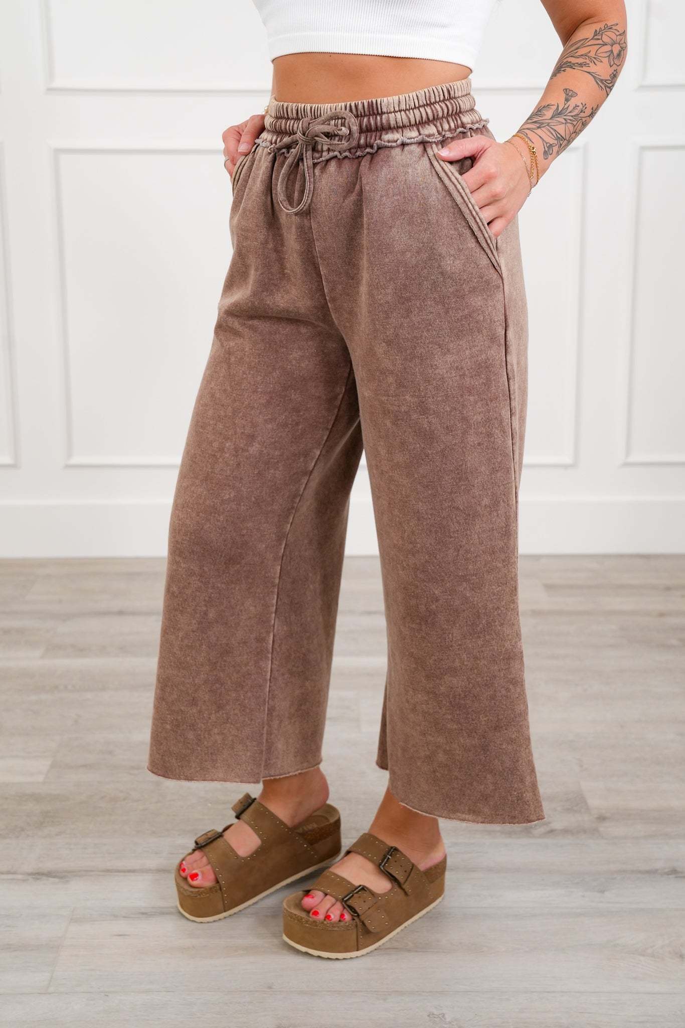 Acid Wash Fleece Palazzo Sweatpants with Pockets