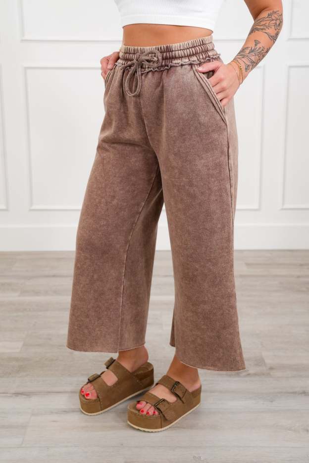 Acid Wash Fleece Palazzo Sweatpants with Pockets