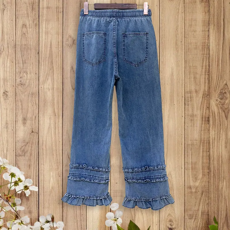 Vintage Ruffle Hem Wide Leg Denim Pants