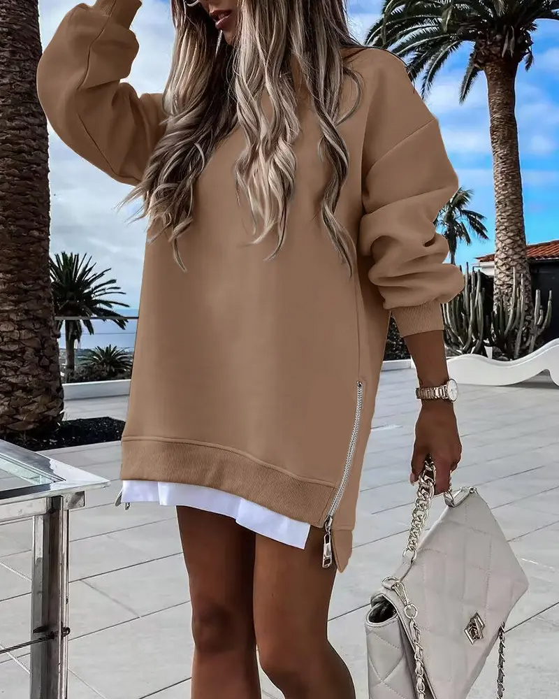Limited time sale🔥Women’s Long Sleeve Pullover Sweatshirt Zipper Slit Casual Dress(Buy 2 Free Shipping)