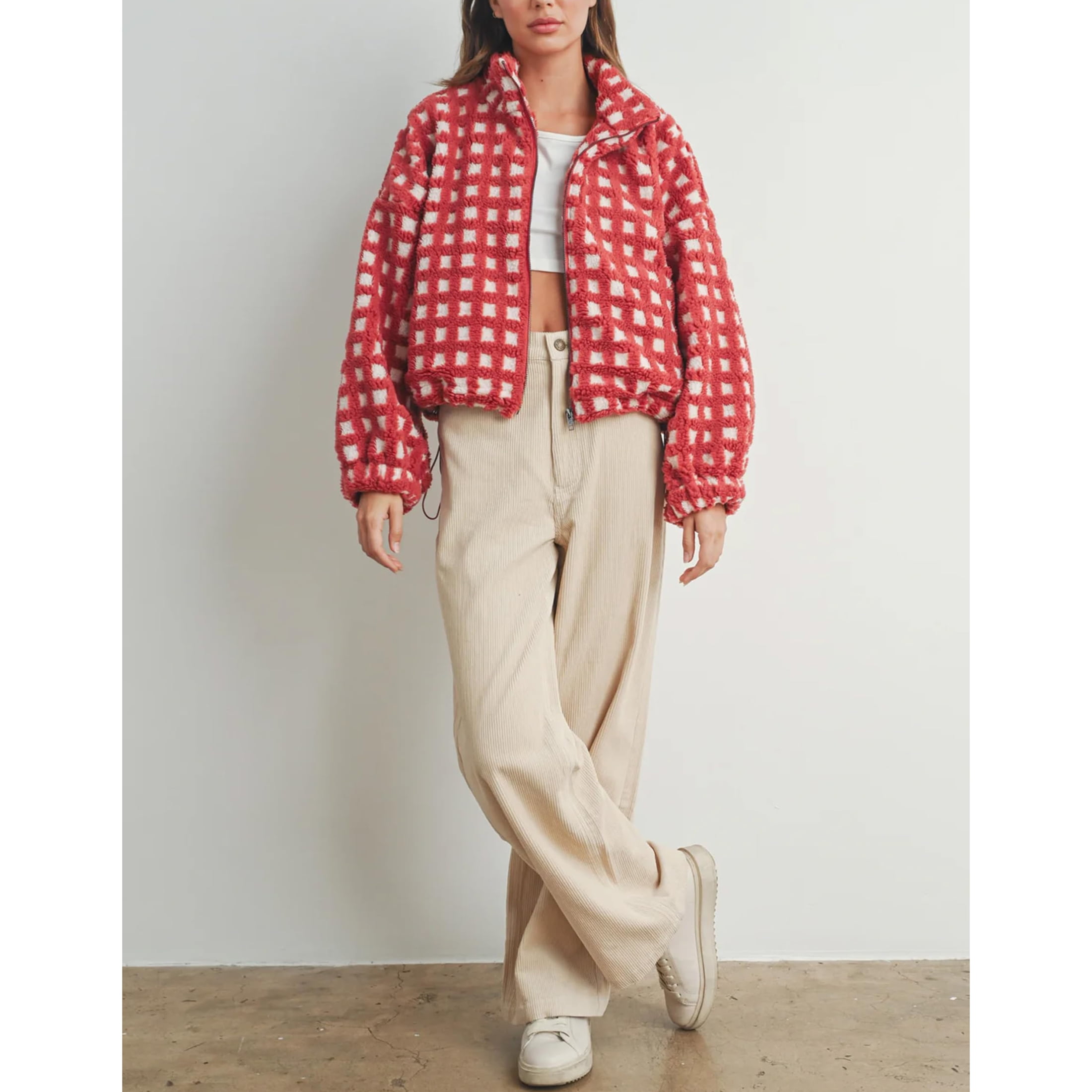 Women's Sherpa Checkered Fleece Jacket Long Sleeve Coat Warm Zip Up Plaid Outwear with Pocket