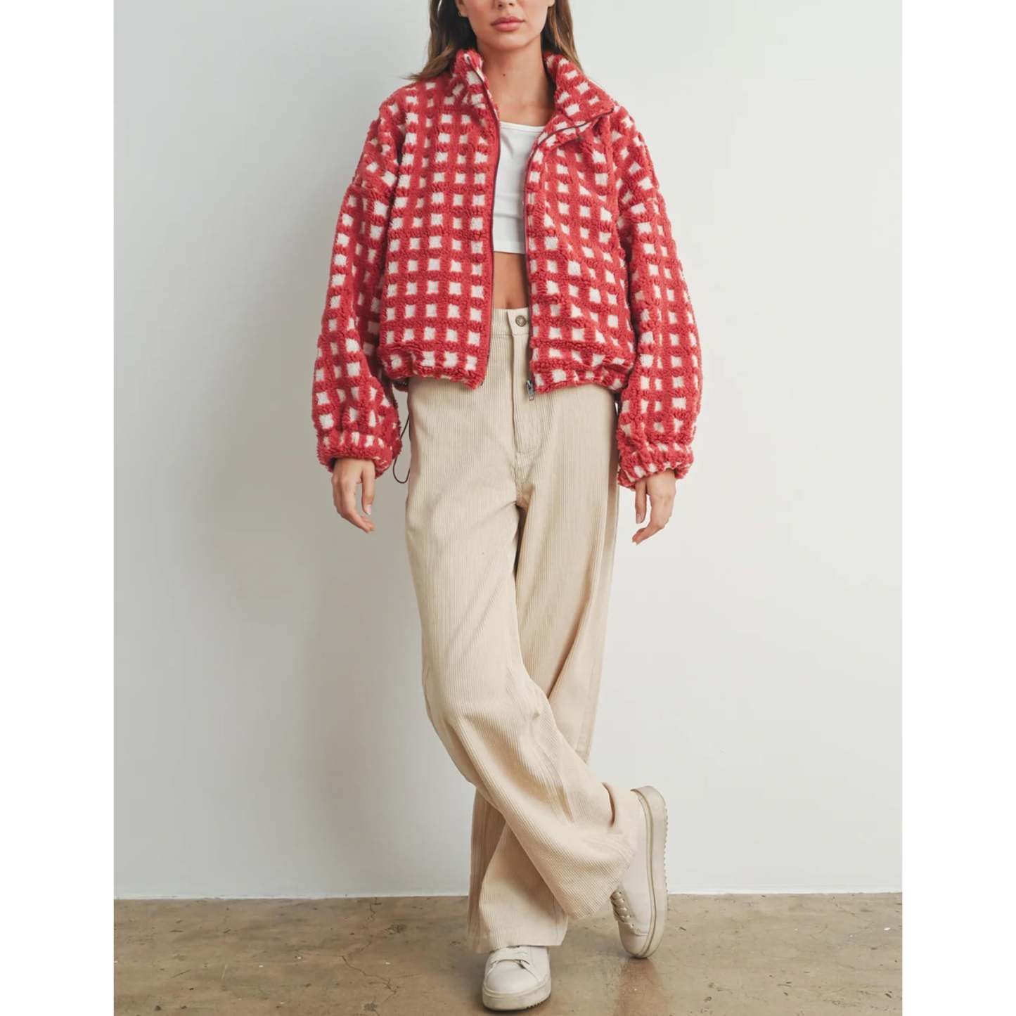 Women's Sherpa Checkered Fleece Jacket Long Sleeve Coat Warm Zip Up Plaid Outwear with Pocket