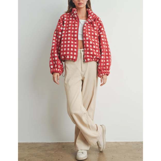 Women's Sherpa Checkered Fleece Jacket Long Sleeve Coat Warm Zip Up Plaid Outwear with Pocket