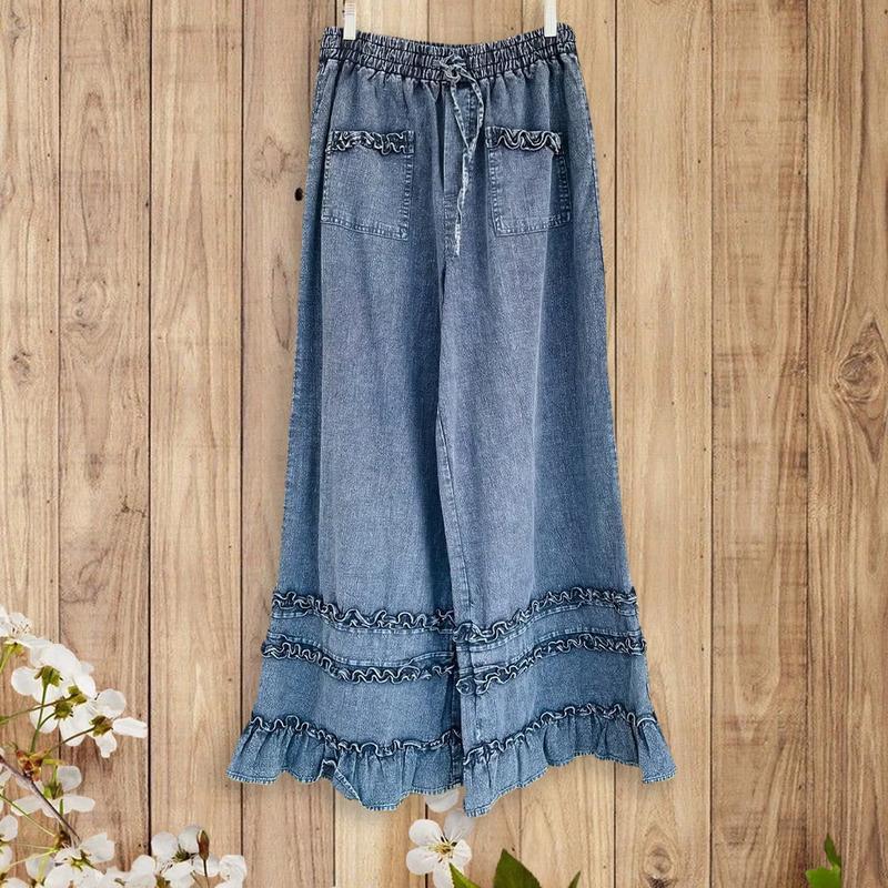  Vintage Ruffle Hem Wide Leg Denim Pants
