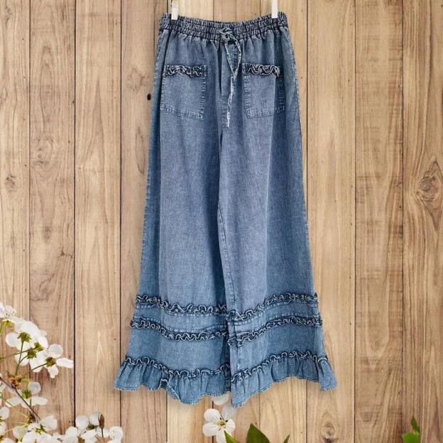  Vintage Ruffle Hem Wide Leg Denim Pants