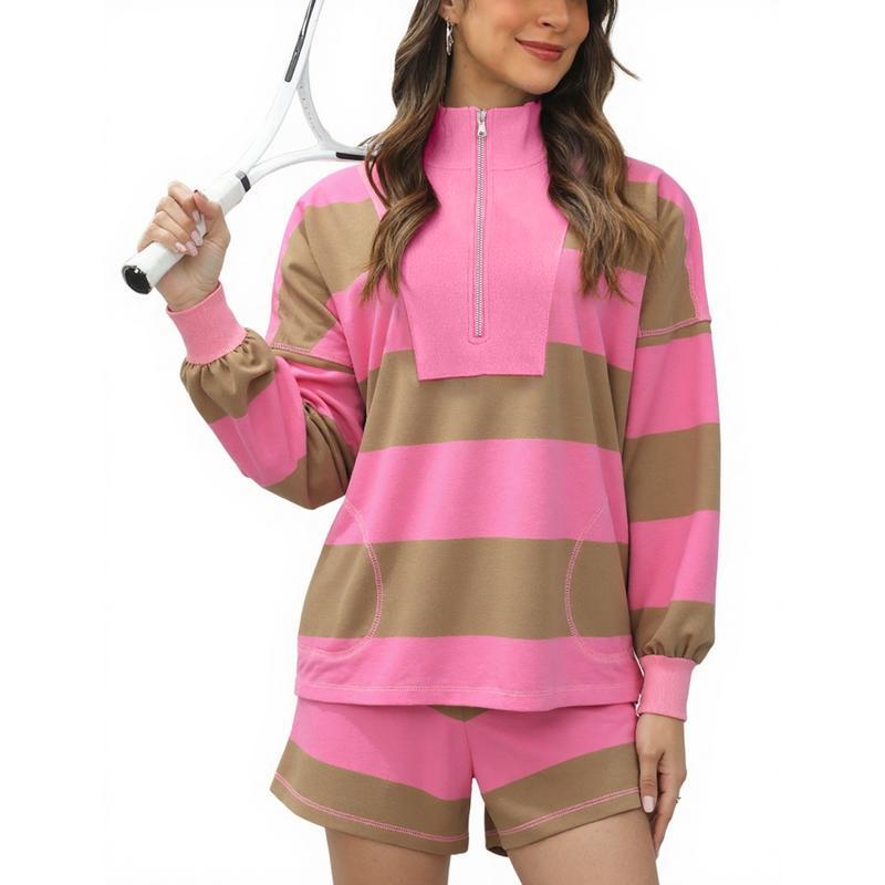 Women's Lounge Set 2 Piece Striped Long Sleeve Quarter Zip