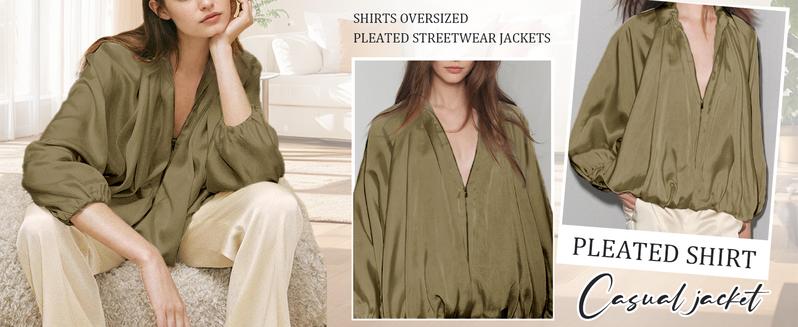 Hixiaohe Womens Puffed Bomber Jacket Casual Batwing Sleeve Lapel Collar Zip Shirts Oversized Pleated Streetwear Jackets