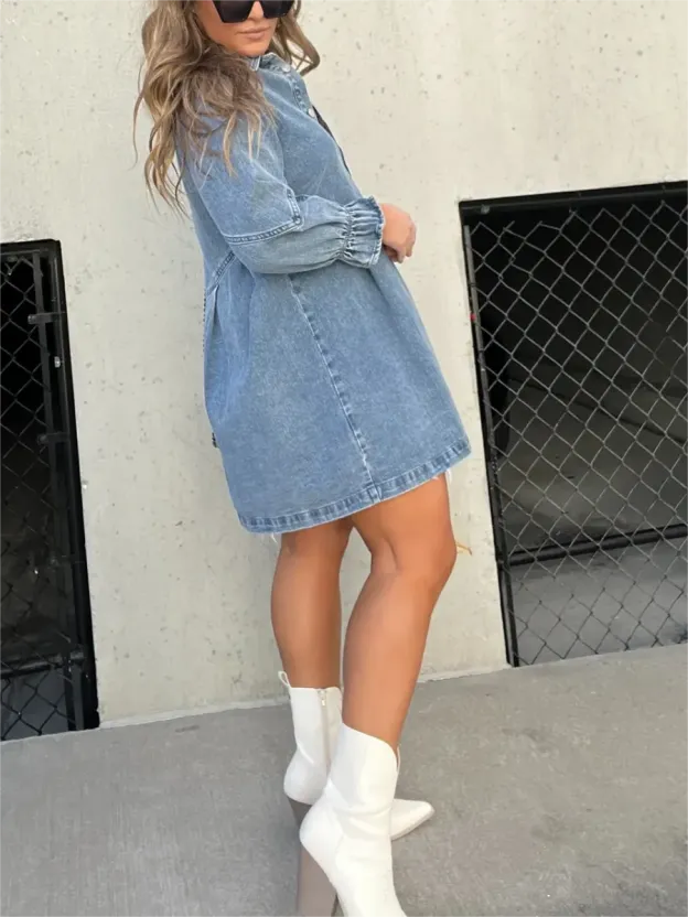 WASHED DENIM PUFF SLEEVE DRESS