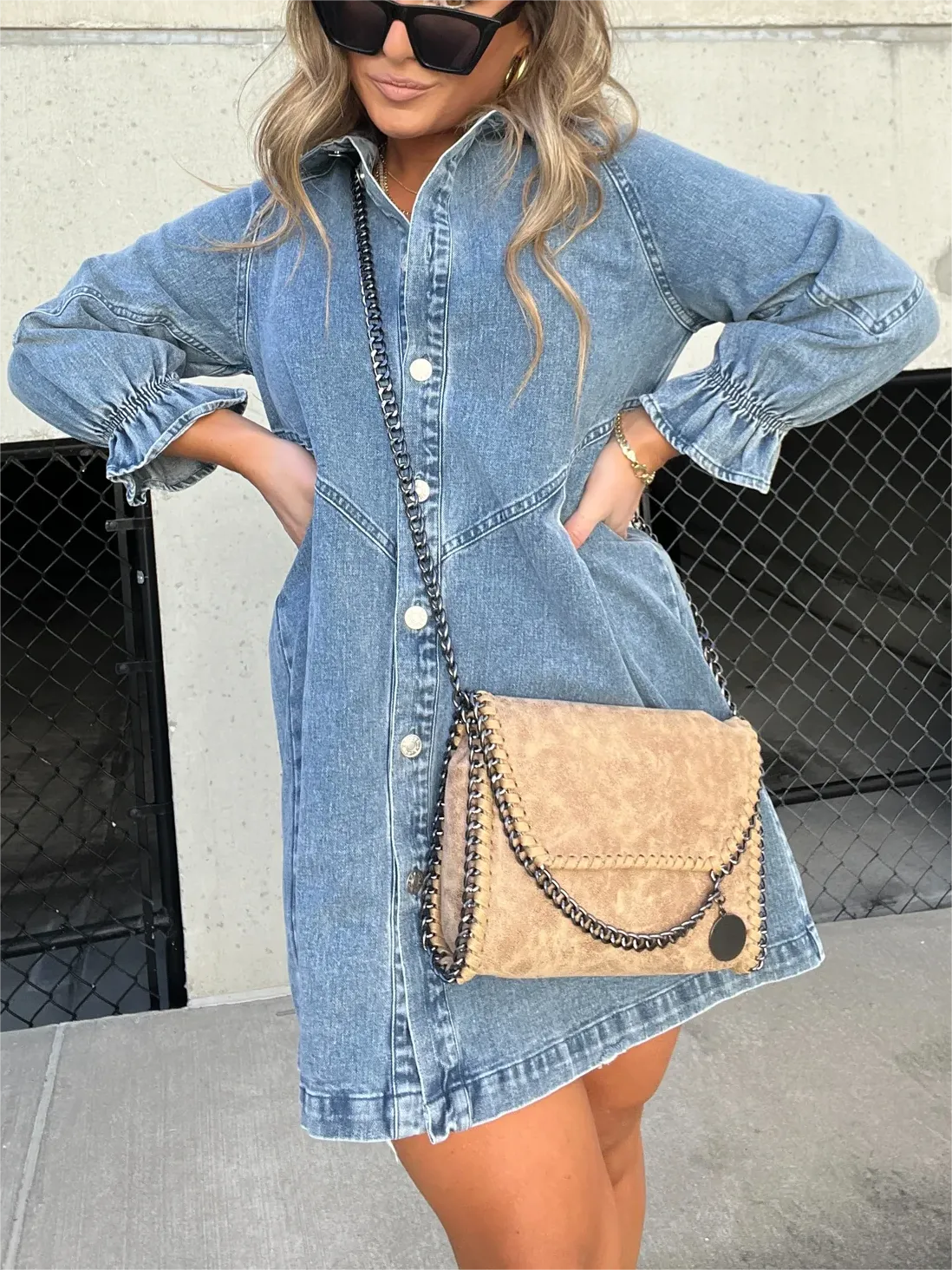 WASHED DENIM PUFF SLEEVE DRESS