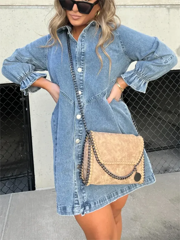 WASHED DENIM PUFF SLEEVE DRESS
