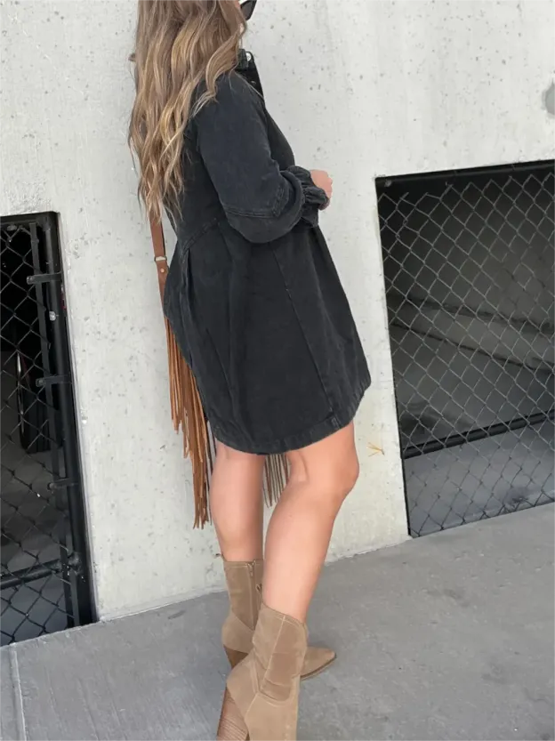 WASHED DENIM PUFF SLEEVE DRESS