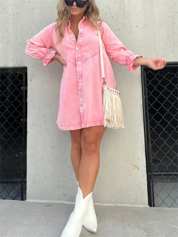 WASHED DENIM PUFF SLEEVE DRESS