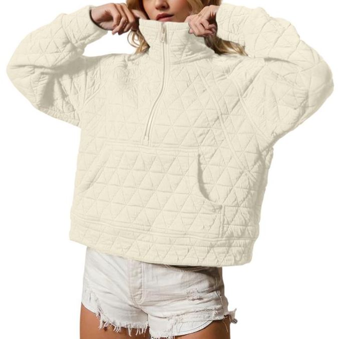 Women's Quilted Puffer Jacket Half-Zip Pullover Sweatshirt Long Sleeve Lightweight Fall Casual Oversize Warm Outerwear