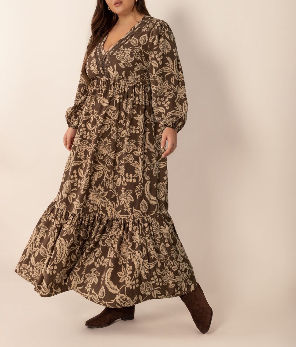 All Over Print Ruffle Hem A Line Dress, Casual Bishop Sleeve V Neck Long Sleeve Dress for Fall & Winter(buy 2 free shipping)