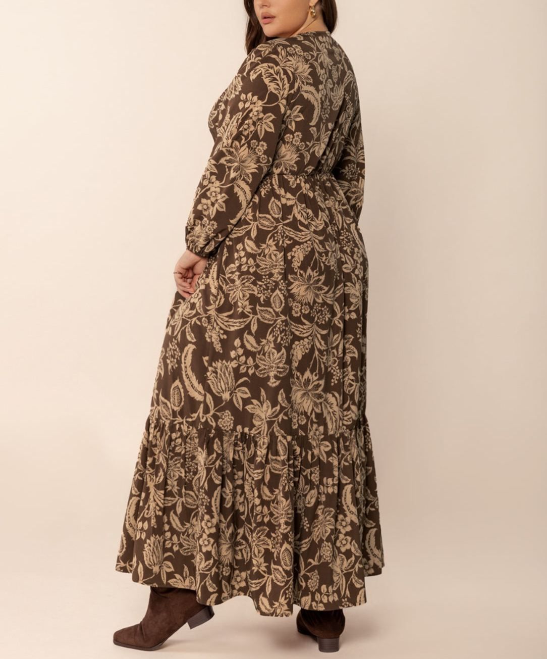 All Over Print Ruffle Hem A Line Dress, Casual Bishop Sleeve V Neck Long Sleeve Dress for Fall & Winter(buy 2 free shipping)