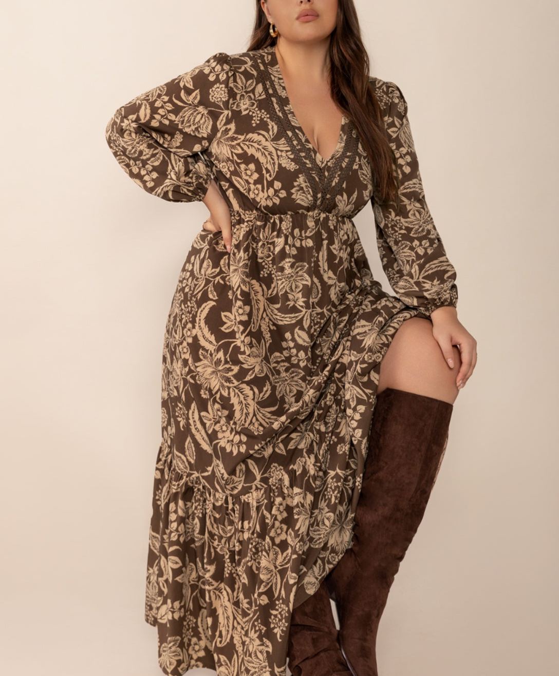 All Over Print Ruffle Hem A Line Dress, Casual Bishop Sleeve V Neck Long Sleeve Dress for Fall & Winter(buy 2 free shipping)