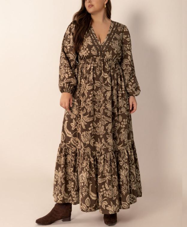 All Over Print Ruffle Hem A Line Dress, Casual Bishop Sleeve V Neck Long Sleeve Dress for Fall & Winter(buy 2 free shipping)