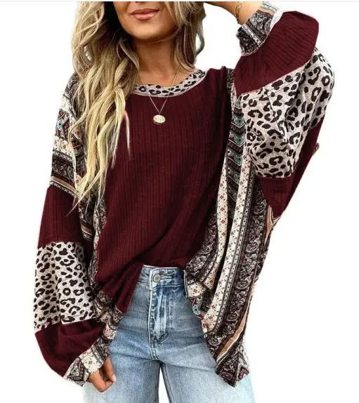 Womens Loose fit Long Sleeve Oversized Retro Leopard Contrast Patchwork Top（buy 2 free shipping)
