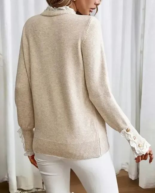 Fall Tops Women's Apricot Floral Trim Crew Neck Long Sleeve Knitted Sweater 
