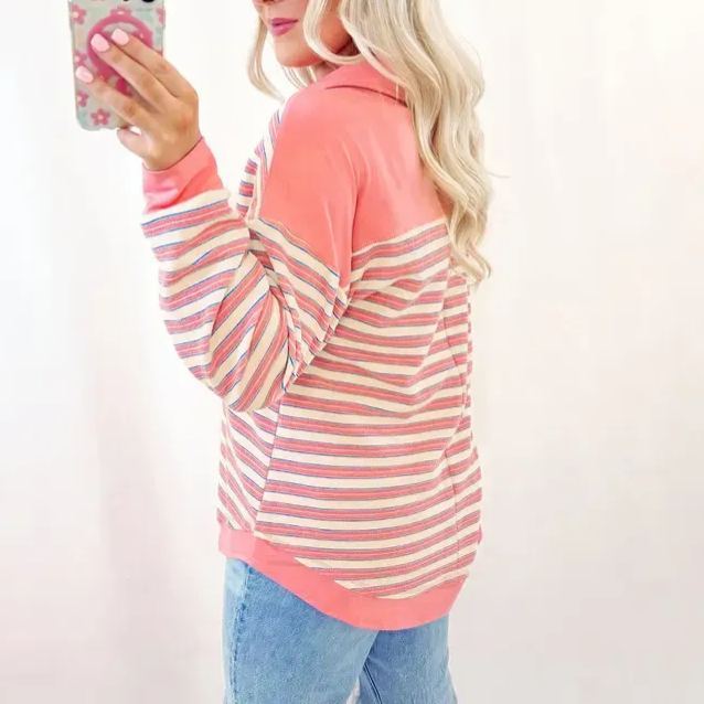  Women's 2025 Winteroutfit Long Sleeve Casual Blouse Red Stripe Buttoned V Neck Collared Drop Shoulder Top