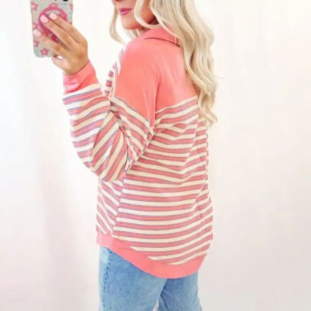  Women's 2025 Winteroutfit Long Sleeve Casual Blouse Red Stripe Buttoned V Neck Collared Drop Shoulder Top