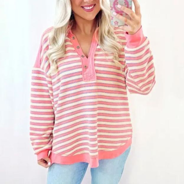  Women's 2025 Winteroutfit Long Sleeve Casual Blouse Red Stripe Buttoned V Neck Collared Drop Shoulder Top