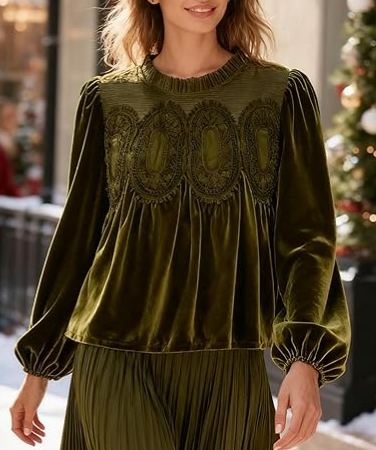  Women's Velvet Lace Blouse Casual Round Neck Long Sleeve Flared Swing Top Elegant Loose Intricate Back Design