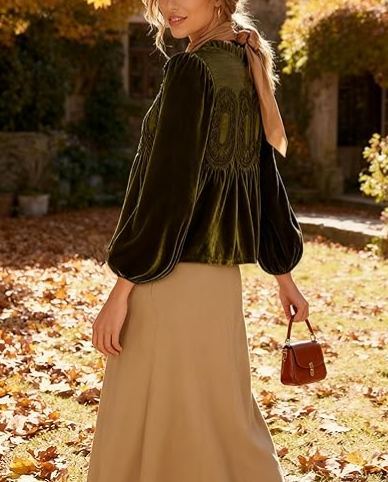  Women's Velvet Lace Blouse Casual Round Neck Long Sleeve Flared Swing Top Elegant Loose Intricate Back Design