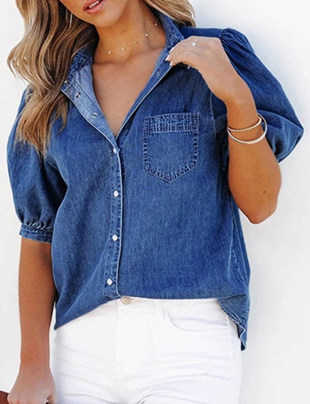 Women's Casual Puff Sleeve Denim Button-Down Shirt (Buy 2 Free Shipping)