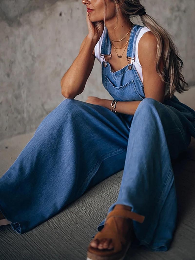 Women Casual Jumpsuits Adjustable Straps Oversized Denim Overall Wide Leg Rompers with Pockets(buy 2 free shipping)