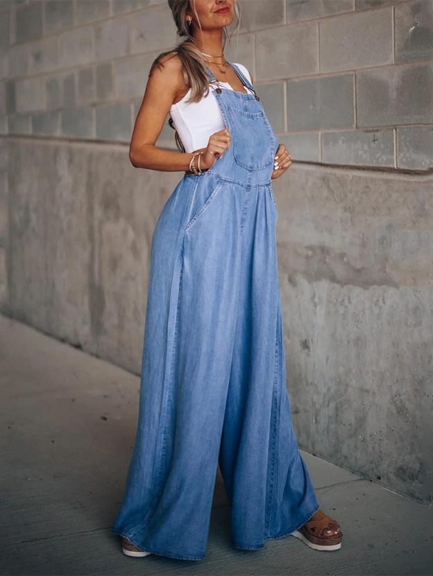 Women Casual Jumpsuits Adjustable Straps Oversized Denim Overall Wide Leg Rompers with Pockets(buy 2 free shipping)
