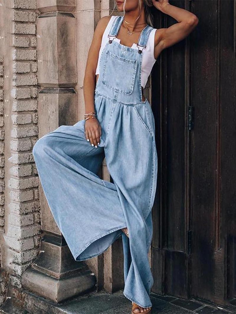 Women Casual Jumpsuits Adjustable Straps Oversized Denim Overall Wide Leg Rompers with Pockets(buy 2 free shipping)