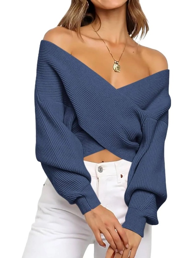 Women's Cross Wrap Front Solid Color V Neck Long Sleeve Sweater