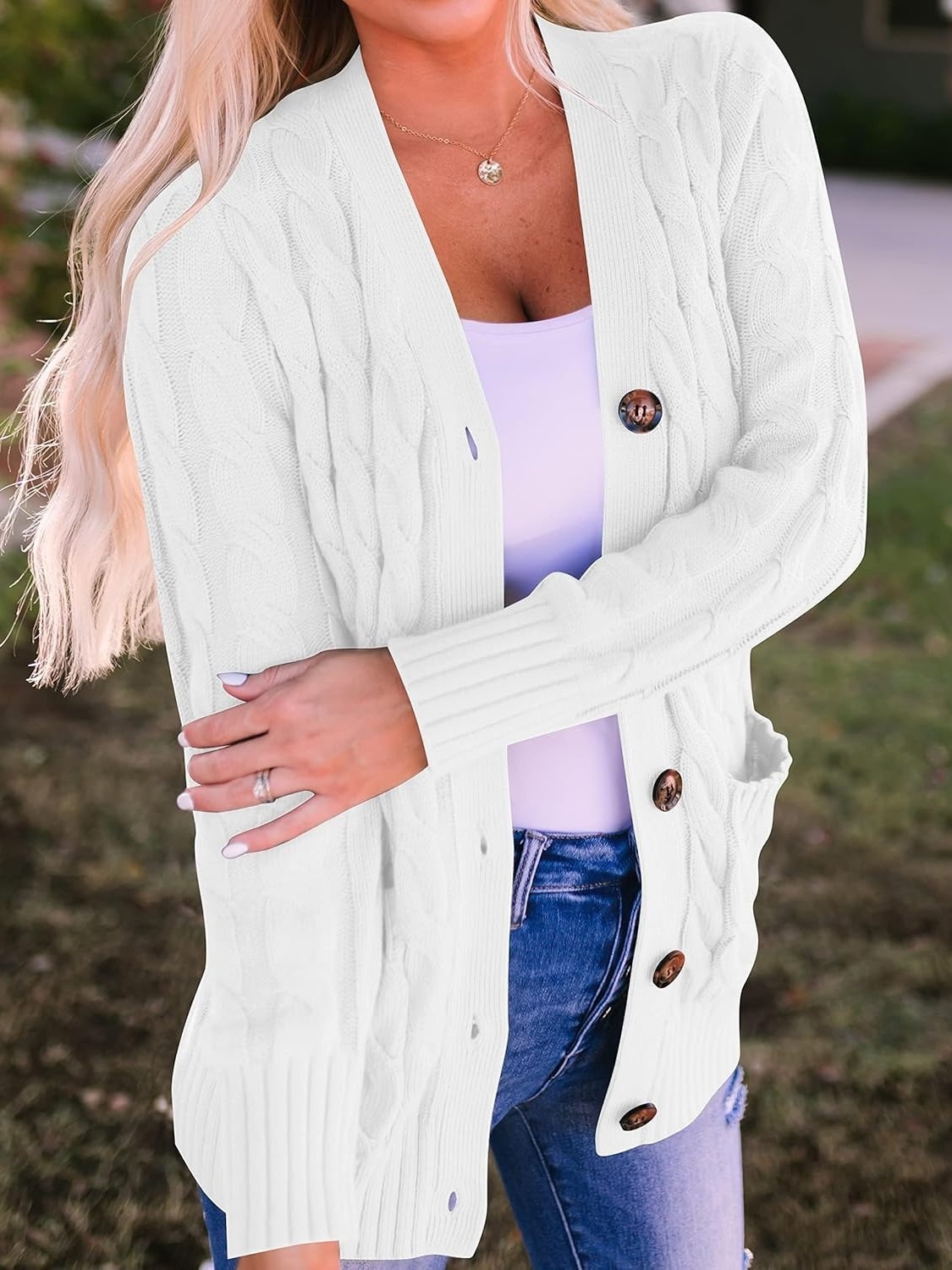 Women's Button Down Open Front Cable Knit Cardigan Sweater