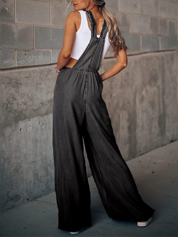 Women Casual Jumpsuits Adjustable Straps Oversized Denim Overall Wide Leg Rompers with Pockets(buy 2 free shipping)