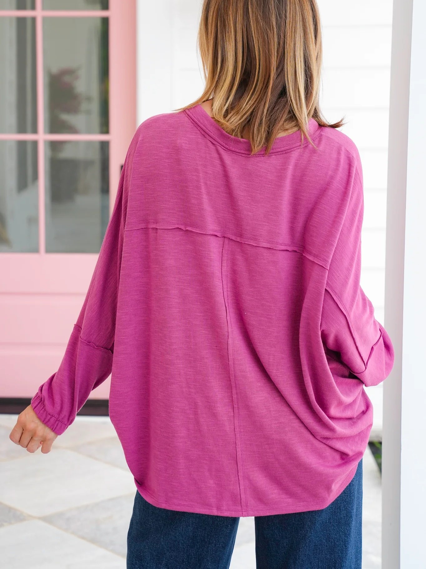 Women's Oversized V Neck Pocket Long Sleeve Top