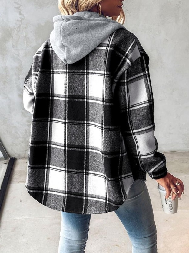 HOT SALE Women's Plaid Button Down Fleece Lined Hooded Jackets Warm Coat