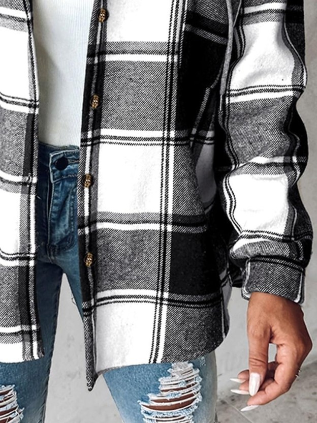 HOT SALE Women's Plaid Button Down Fleece Lined Hooded Jackets Warm Coat
