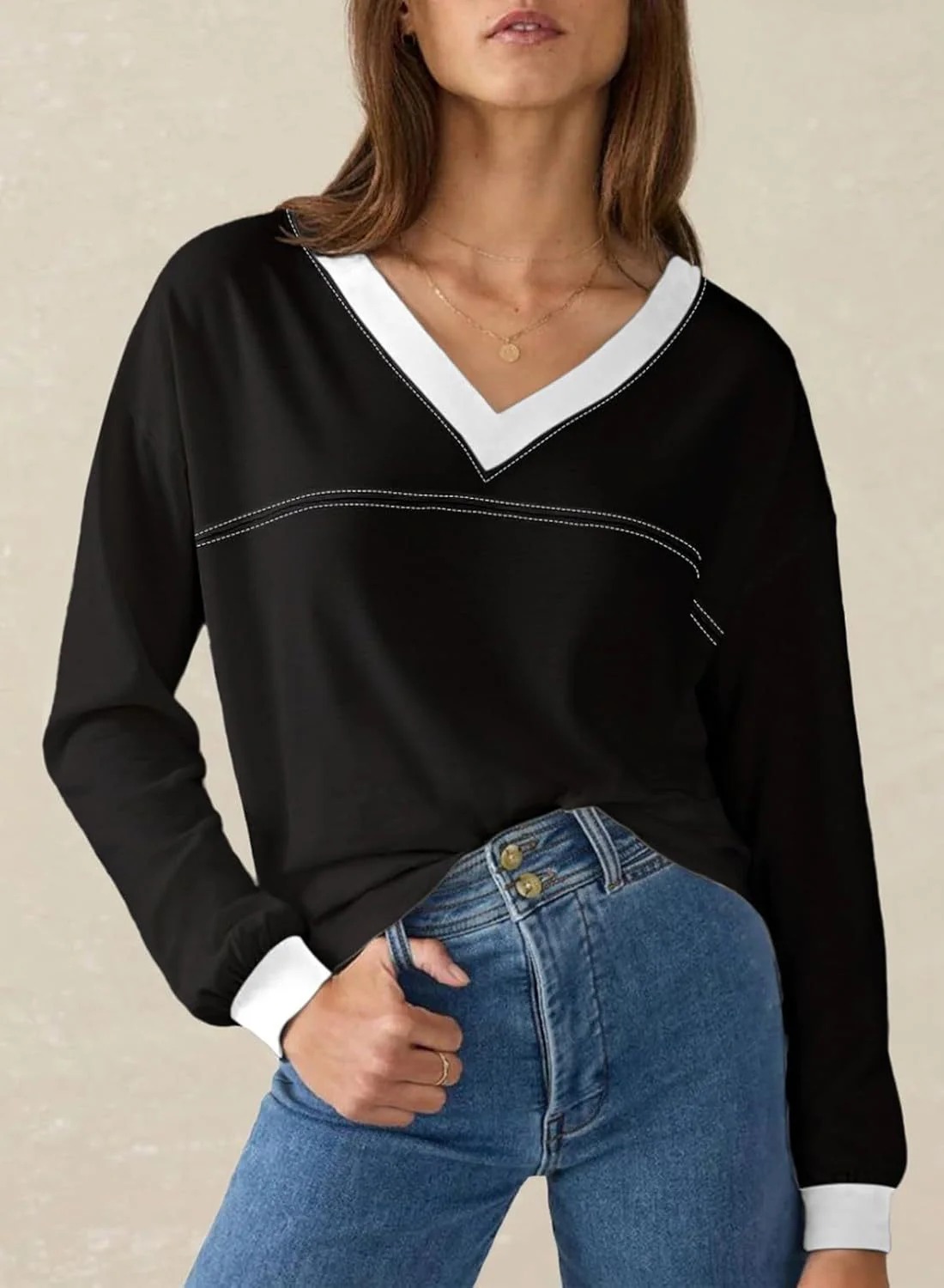 Women's Loose V-Neck Colorblock Sweatshirt（Buy 2 Free Shipping)