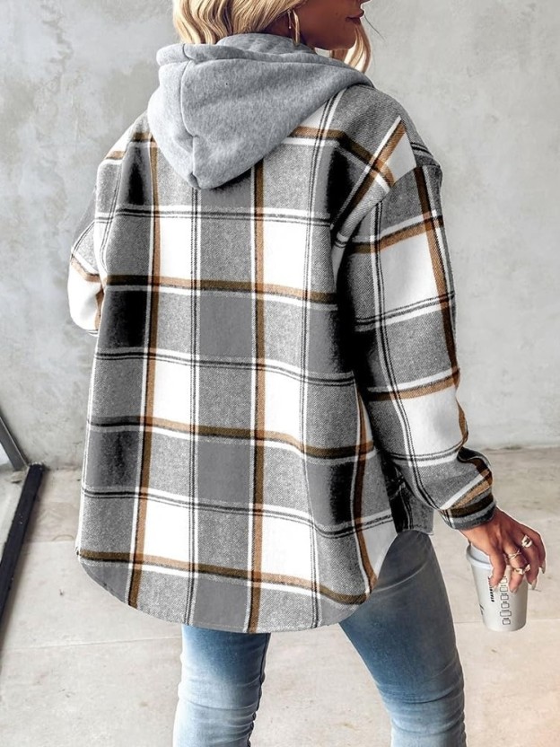 HOT SALE Women's Plaid Button Down Fleece Lined Hooded Jackets Warm Coat