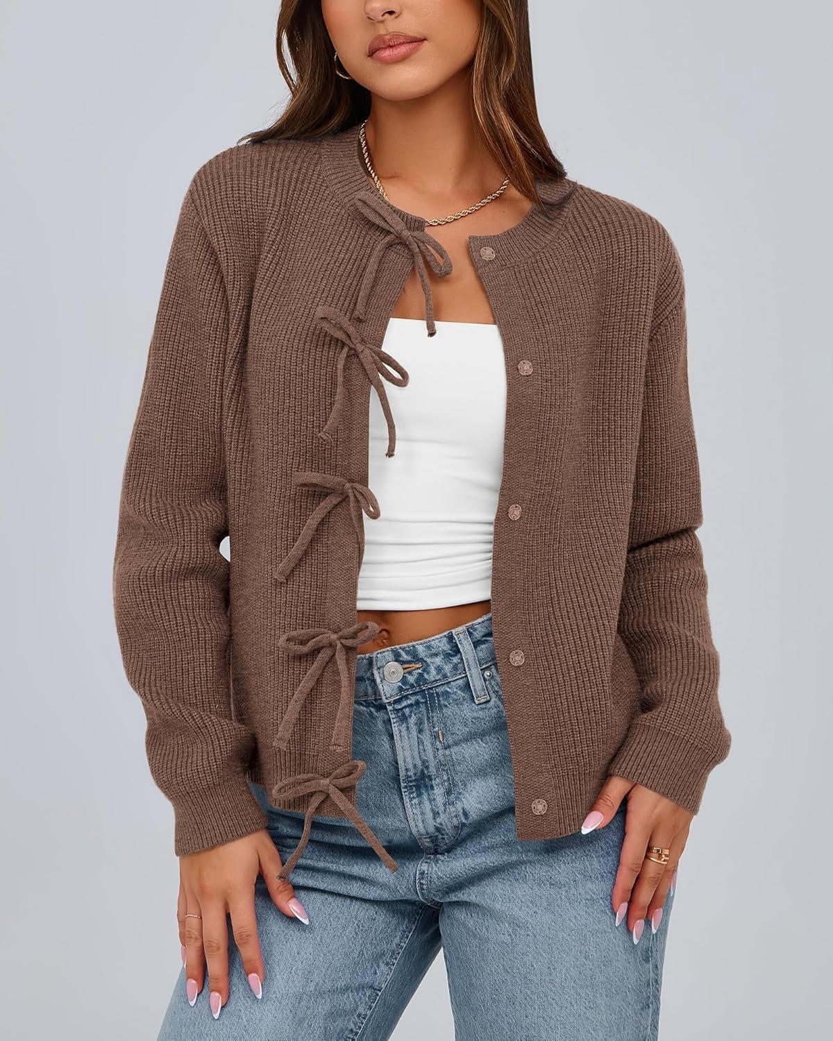 Women's Trendy Long Sleeve Ribbed Bow Button Cardigan Sweater