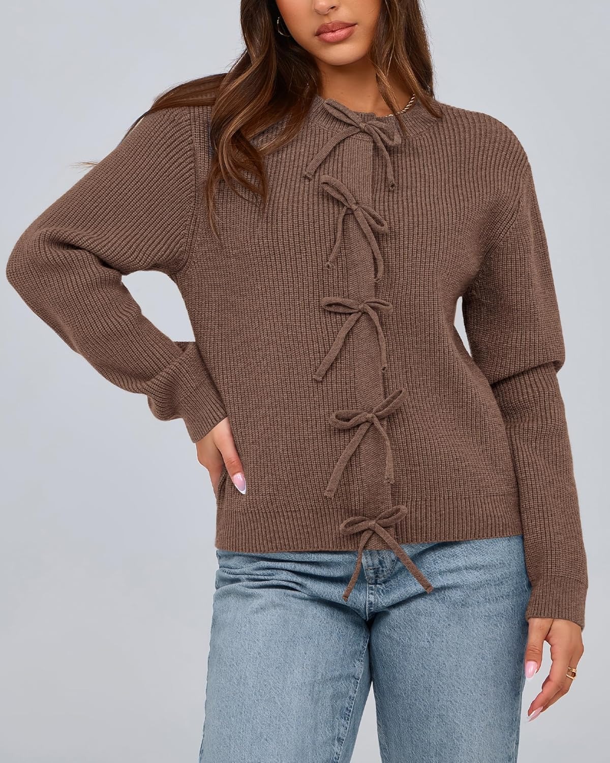 Women's Trendy Long Sleeve Ribbed Bow Button Cardigan Sweater