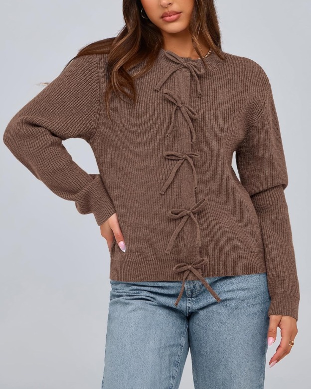 Women's Trendy Long Sleeve Ribbed Bow Button Cardigan Sweater