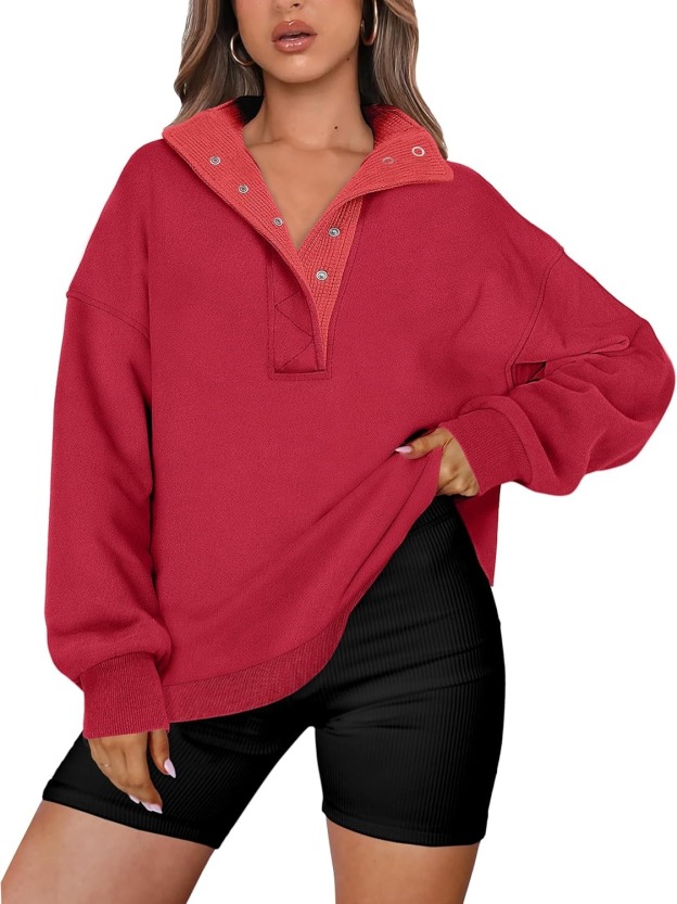 Women's Oversized Button Up Henley Pullover Sweatshirt