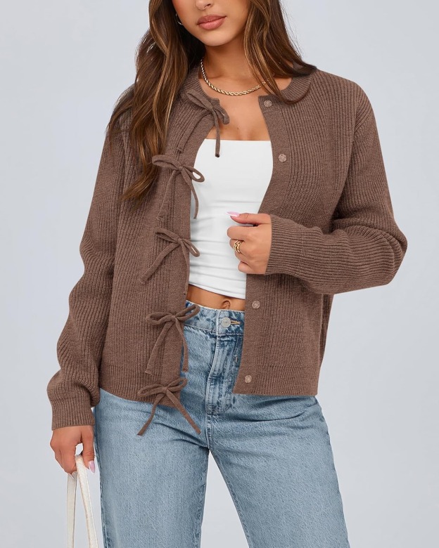 Women's Trendy Long Sleeve Ribbed Bow Button Cardigan Sweater