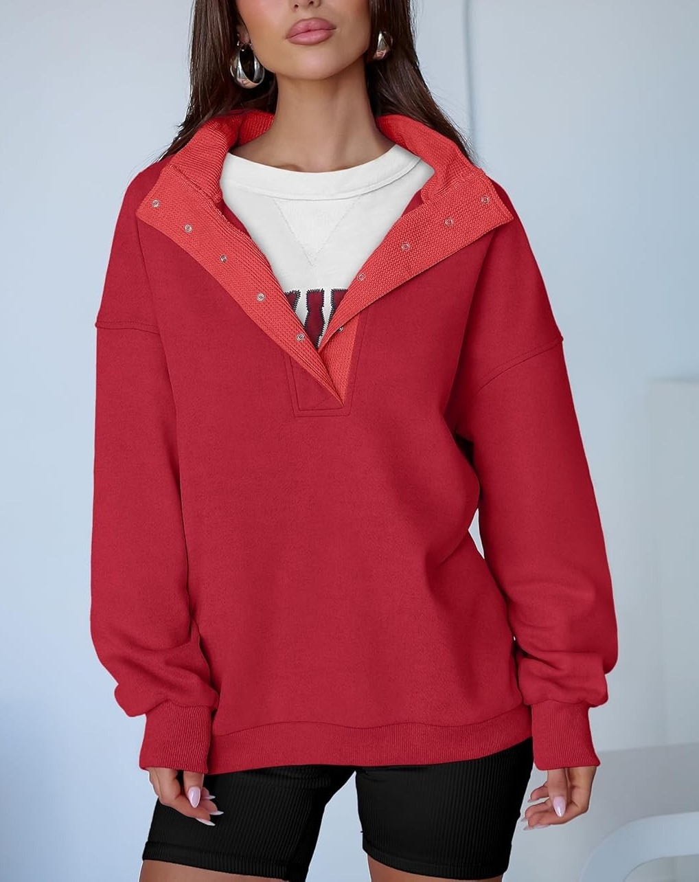 Women's Oversized Button Up Henley Pullover Sweatshirt