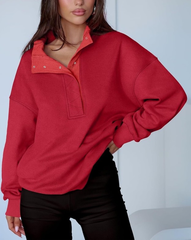 Women's Oversized Button Up Henley Pullover Sweatshirt