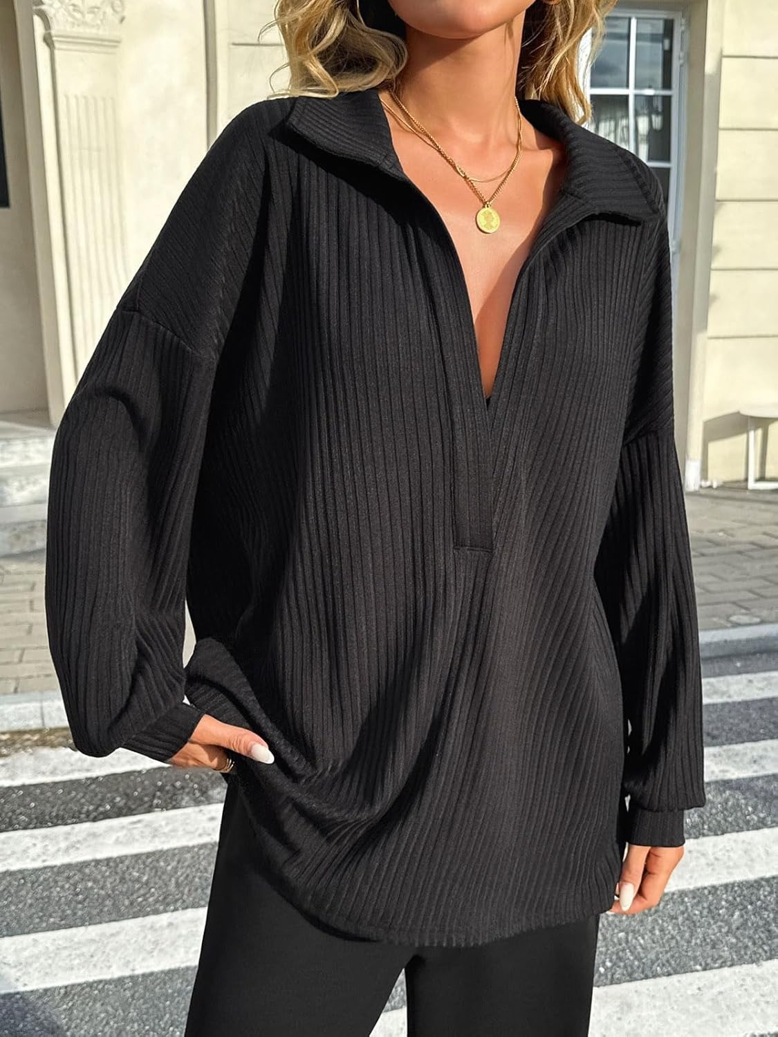 Womens Oversized Deep V Neck Sweatshirts Collared Long Sleeve Ribbed Knit Pullover Tops