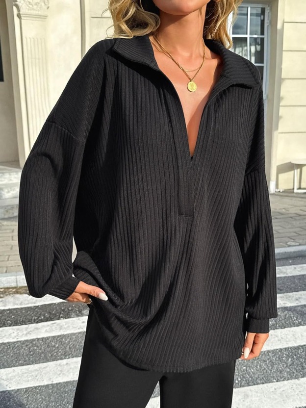 Womens Oversized Deep V Neck Sweatshirts Collared Long Sleeve Ribbed Knit Pullover Tops